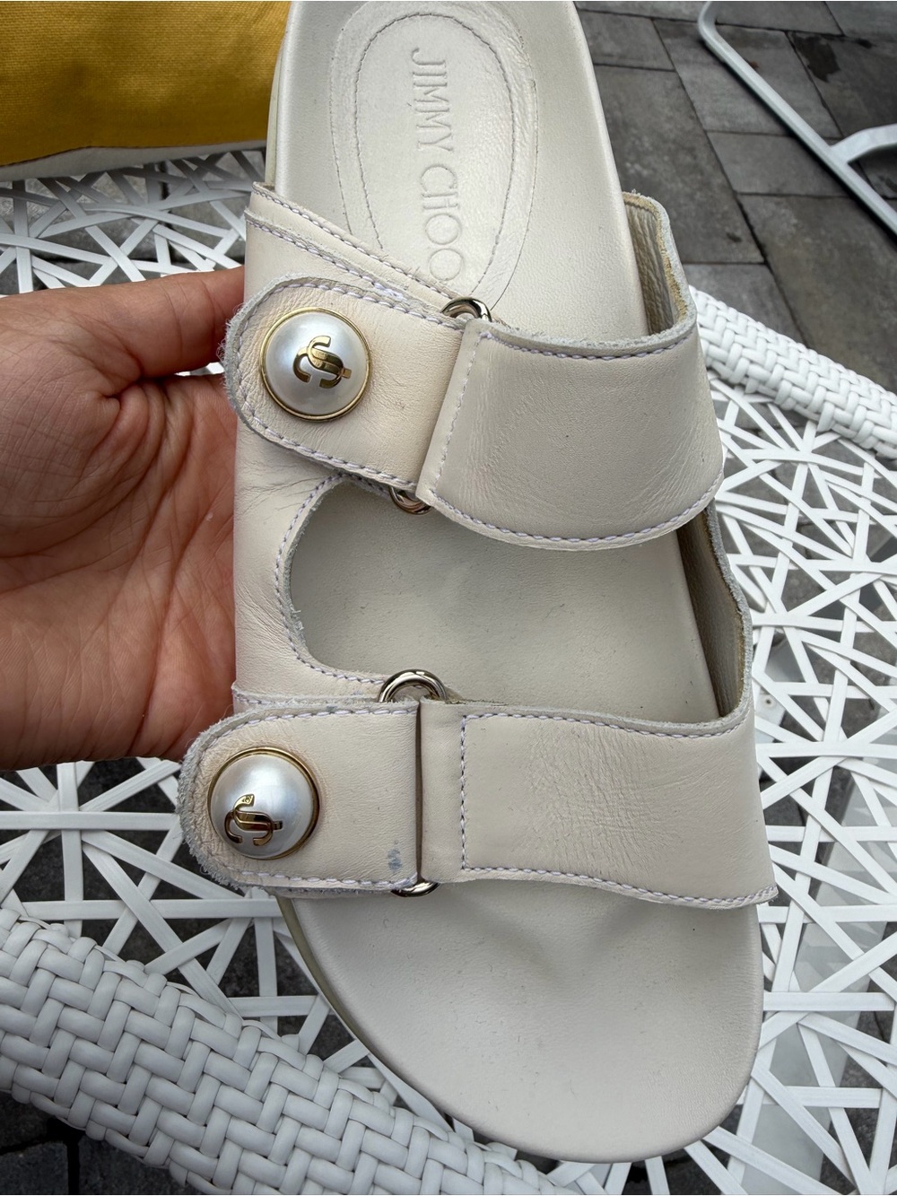 Jimmy Choo Ivory Leather Slide Sandals with Gold-Tone Hardware - Picture 3 of 8